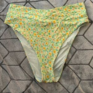 Aerie Crossover High Cut Cheeky Bikini Bottom / green floral / XL